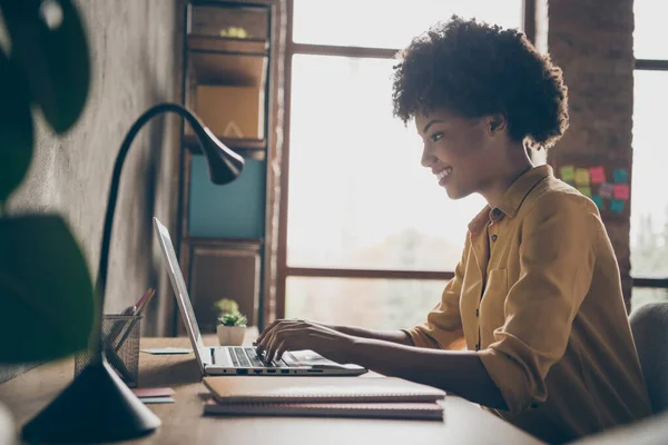 Profile side photo of smart cool afro american girl entrepreneur sit table use laptop work presentation in office loft workplace — Stock Photo, Image