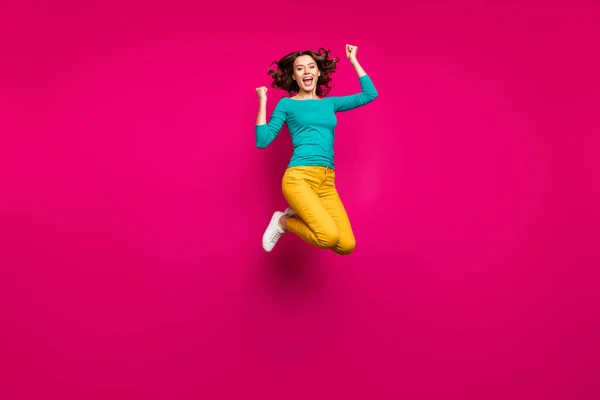 Full length body size photo of cheerful nice charming pretty girlfriend jumping up excited overjoyed wearing white footwear isolated vivid fuchsia color background — Stock Photo, Image