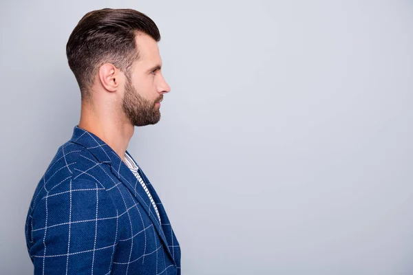Side profile photo of confident man contemplating new announcement of information in empty space isolated grey color background — Stock Photo, Image