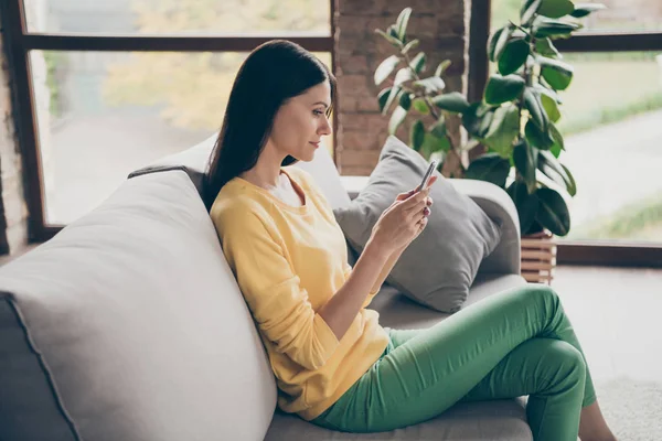 Профиль стороне позитивной девушки сидеть диван использовать смартфон читать социальные сети типа новостей смс друзей носить желтый свитер зеленые брюки в доме в помещении — стоковое фото