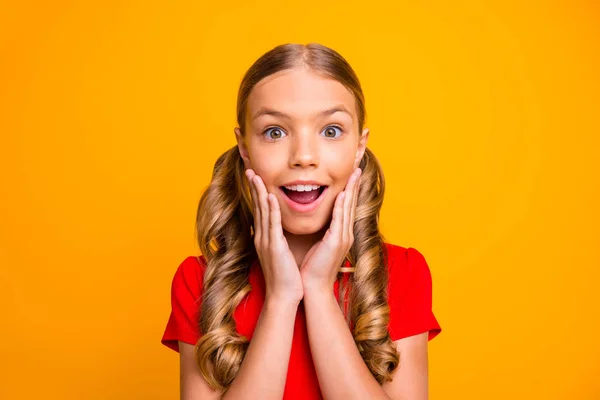 Foto de louco engraçado menina da escola senhora segurando braços em maçãs do rosto ouvir inacreditável boa notícia desgaste casual vermelho t-shirt isolado cor amarela brilhante fundo — Fotografia de Stock