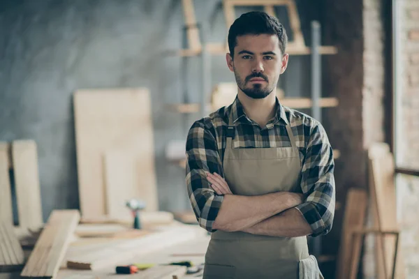 Portrait of his he nice attractive skilled experienced guy creative engineer self-employed home-based studio shop manufacture at modern industrial loft brick style interior indoors — Stock Photo, Image
