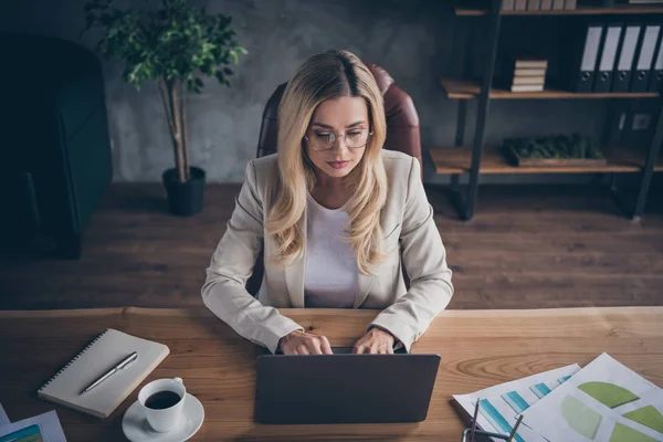 Ovanför hög vinkel visa foto av online coach har arbetat på VD för ett av transnationella företag som är villiga att dela sin erfarenhet med studenter i glasögon — Stockfoto