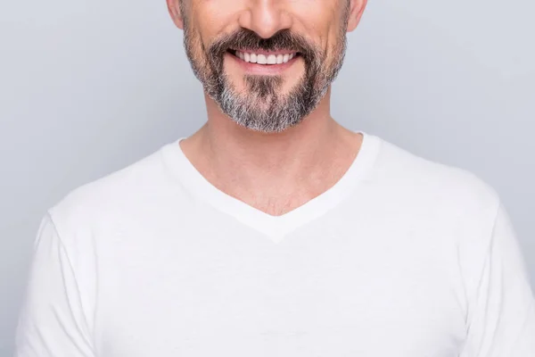 Closeup cropped photo of handsome aged man good mood beaming smile showing perfect groomed beard bleaching teeth wear white t-shirt isolated grey color background