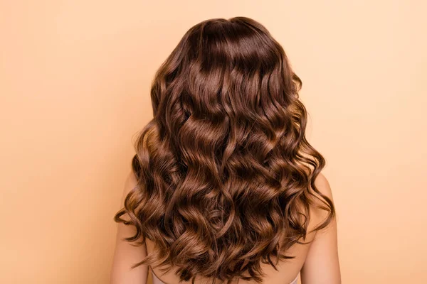 Rückseite Foto von charmanten Mädchen zeigen perfekte starke Wellness-Frisur Frisur nach Friseur-Therapie Frisur haben professionelle Haarfärbung isoliert über Pastellfarbe Hintergrund — Stockfoto