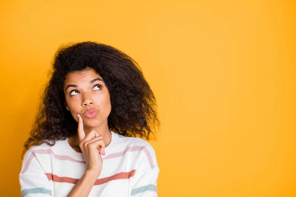 Close-up portrait of her she nice attractive lovely charming genius creative curious wavy-haired girl creating new interesting idea isolated over bright vivid shine vibrant yellow color background — Stock Photo, Image