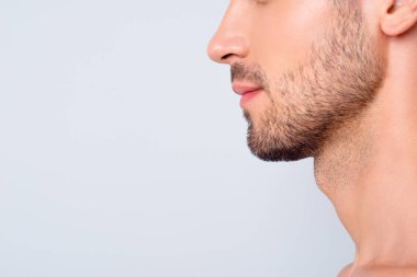 Close-up cropped profile side view portrait of his he nice attractive content guy unshaven mustache chin copy space facial cream isolated on light white grey color pastel background clipart
