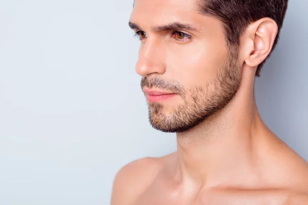 Close-up cropped view portrait of his he nice attractive confident well-groomed bearded guy spa salon facial therapy treatment isolated over light white gray color pastel background — Stock Photo, Image