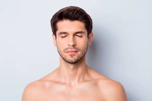 Close-up portrait of his he nice attractive bearded brunette guy after spa laser rf lifting uplift effect soft smooth flawless perfect shine skin isolated on light white gray color pastel background — Stock Photo, Image