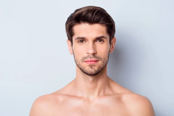 Close-up portrait of his he nice attractive bearded confident calm brown-haired guy clean clear perfect smooth soft silky flawless skin spa therapy isolated on light white grey color pastel background — Stock Photo, Image