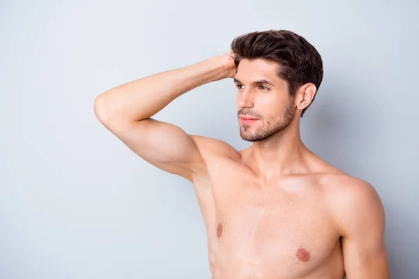 Profile side photo of serious handsome guy touch his hair cut after spa salon clean haircare procedure isolated over grey color background — Stock Photo, Image