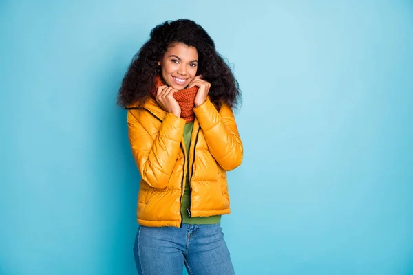 Foto de hermosa piel oscura dama ondulada buen tiempo de otoño fuera paseo viajero desgaste moda amarillo caída abrigo jeans verde suéter bufanda de punto aislado color azul fondo —  Fotos de Stock