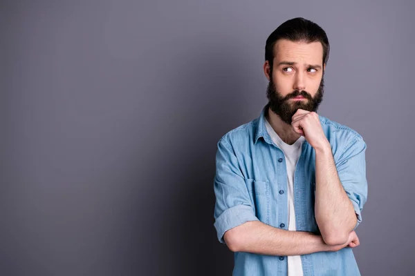 Portrait of minded puzzled focused guy freelancer look copyspace touch chin hands think thoughts invent work ideas wear modern outfit isolated over grey color background — Stock Photo, Image