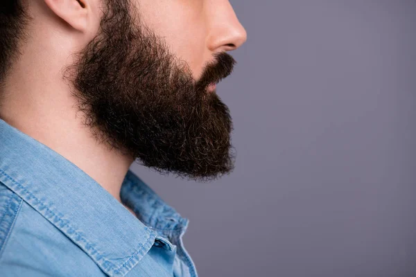 Foto lateral do perfil recortado do cara focado olhar espaço de cópia mostrar sua barba arrumada após o procedimento de cuidados com o corpo salão de spa usar roupa jeans elegante isolado sobre fundo de cor cinza — Fotografia de Stock