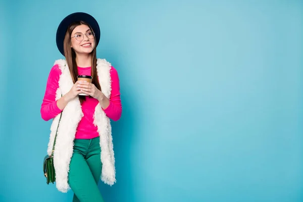 Portrait of her she nice-looking winsome attractive pretty fashionable cheerful girl drinking tea copy space isolated on bright vivid shine vibrant green blue turquoise color background — 스톡 사진