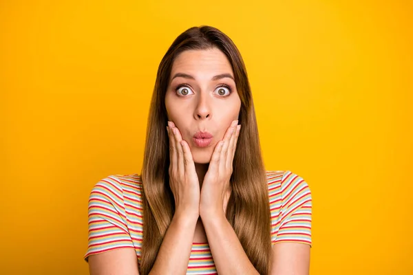 Closeup photo of attractive pretty lady listen awful terrible bad news eyes full of fear hands on cheekbones wear casual striped t-shirt isolated yellow color background — Stock Photo, Image