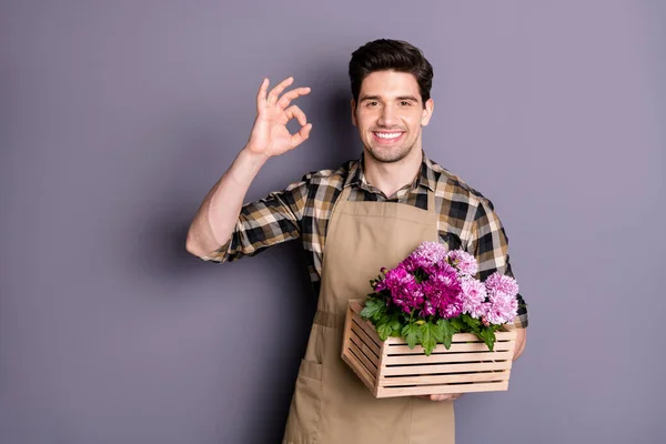 Photo of cheerful positive toothy beaming man smiling toothily showing ok sign holding flowers box with hand isolated grey color background — 스톡 사진