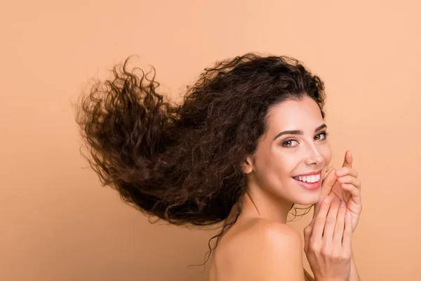 Close up side profile photo beautiful she her lady funky show head great result using shampoo hair cure recovery long wave hairdo flight pretty positive wear no clothes isolated beige background