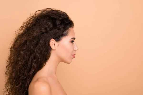 Close up side profile photo beautiful amazing she her lady ideal appearance silky soft skin condition slim skinny look empty space wondered wear no clothes isolated bege pastel background — Fotografia de Stock