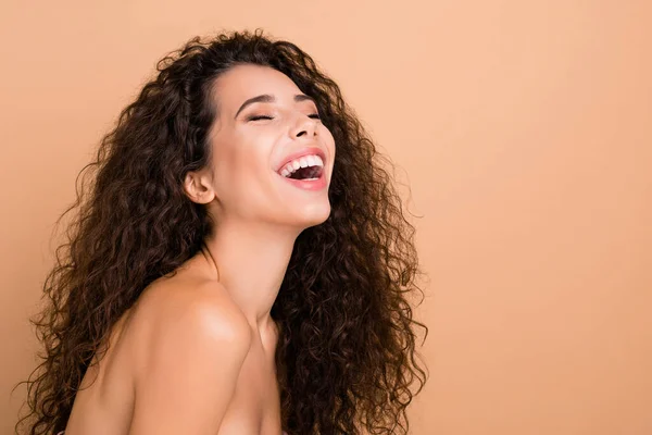 Close up side profile photo beautiful amazing she her model lady ideal appearance eyes closed laughing pure silky skin condition sincere slim skinny wear no clothes isolated bege pastel background — Fotografia de Stock