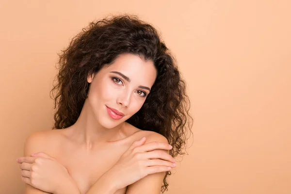 Close up photo beautiful she her lady overjoyed hands arms palms hold chest herself shoulder skin hide close cover soft silky shiny ideal healthy breast wear no clothes isolated beige background — 스톡 사진