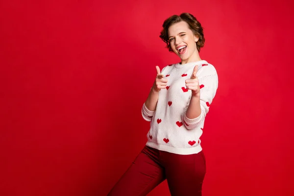 Portrait of her she nice attractive glad positive cheerful cheery girl flirting pointing at you meet me celebrating party isolated over bright vivid shine vibrant red color background — 스톡 사진