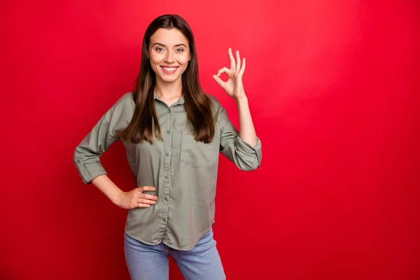 Portrait of her she nice attractive lovely pretty optimistic cheerful cheery straight-haired girl showing ok-sign ad isolated over bright vivid shine vibrant red color background — 스톡 사진