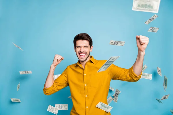 Photo of screaming trendy style shouting crazy freelancer earning lots of money every day smiling toothily isolated over blue pastel color background