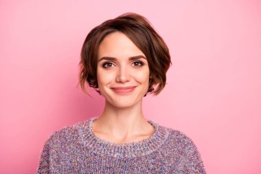 Close-up portrait of her she nice-looking attractive lovely pretty charming cute cheerful cheery brown-haired girl isolated over pink pastel color background clipart