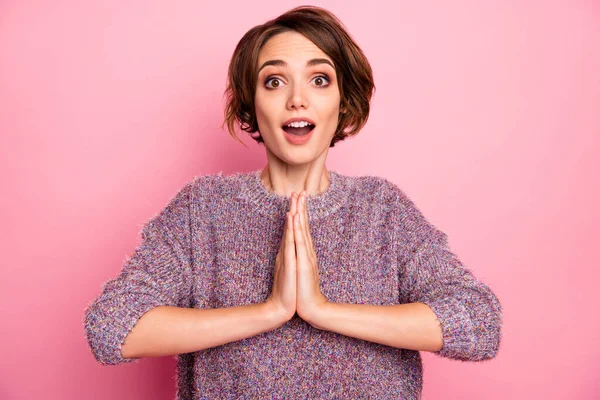 Close-up portrait of her she nice attractive lovely charming pretty cute feminine cheerful girl wearing cozy knitted pullover asking favor fairy isolated over pink pastel color background — Stock Photo, Image