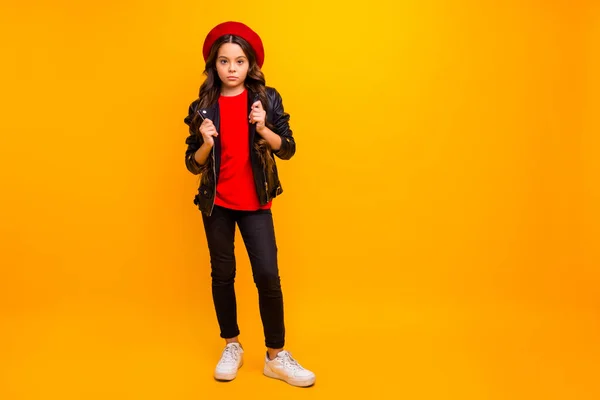 Full length body size view of her she nice attractive trendy fashionable serious long-haired girl posing wearing streetstyle isolated over bright vivid shine vibrant yellow color background — 스톡 사진