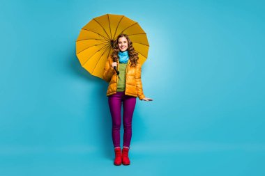 Full body photo of funny pretty lady hold bright umbrella enjoy spring sunny day walk street abroad wear yellow overcoat scarf violet trousers red shoes isolated blue color background clipart