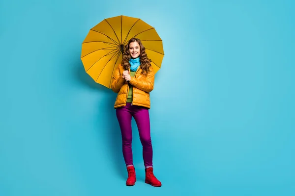 Foto de longitud completa de bastante rizado señora mantenga paraguas brillante disfrutar de la primavera día soleado paseo calle desgaste abrigo amarillo bufanda azul pantalones violeta zapatos rojos aislados color azul fondo — Foto de Stock