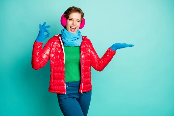 Φωτογραφία από αστεία κυρία κατέχουν ανοικτό χέρι καινοτομία προϊόν δροσερό προσφορά δείχνουν εντάξει σύμβολο κλείσιμο του ματιού φορούν περιστασιακό κόκκινο παλτό μπλε κασκόλ ροζ καλύμματα αυτιών jumper παντελόνι απομονωμένο teal φόντο χρώμα — Φωτογραφία Αρχείου