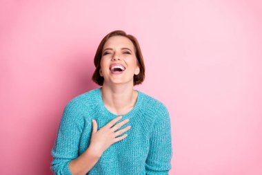 Close-up portrait of her she nice attractive lovely overjoyed cheerful cheery brown-haired girl laughing mocking bullying isolated over pink pastel color background clipart