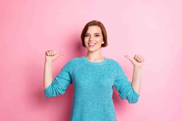 Portrait of her she nice attractive pretty lovely glad cheerful cheery brown-haired girl pointing at herself isolated over pink pastel color background — Stock Photo, Image