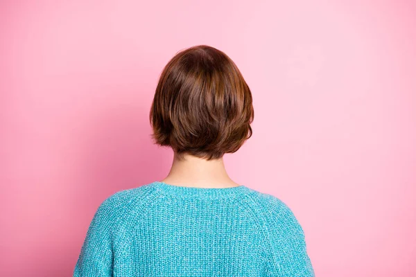 Rear back behind close-up view portrait of her she nice attractive brown-haired woman hairdresser visit modern look isolated over pink pastel color background — 스톡 사진