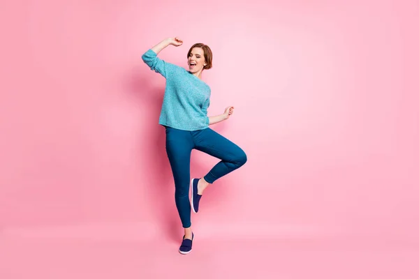 Full length body size view of her she nice attractive lovely funky cheerful cheery brown-haired woman having fun dancing carefree lifestyle isolated over pink pastel color background — Stock Photo, Image