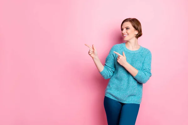 Portrait of her she nice attractive lovely charming confident cheerful cheery brown-haired girl pointing aside copy empty blank space like follow isolated over pink pastel color background — 스톡 사진