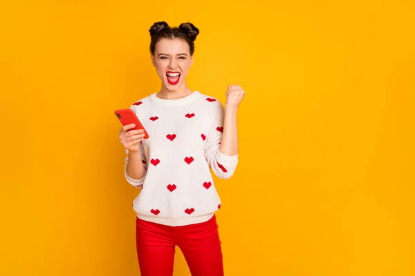 Photo of pretty excited lady hold telephone hands raise fist ecstatic mood have startup investment wear hearts pattern white pullover red trousers isolated yellow color background — ストック写真