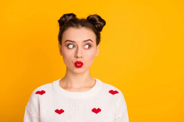 Close-up portrait of nice-looking attractive lovely lovable charming cute sweet funny teenage girl sending kiss looking aside thinking isolated on bright vivid shine vibrant yellow color background — 스톡 사진