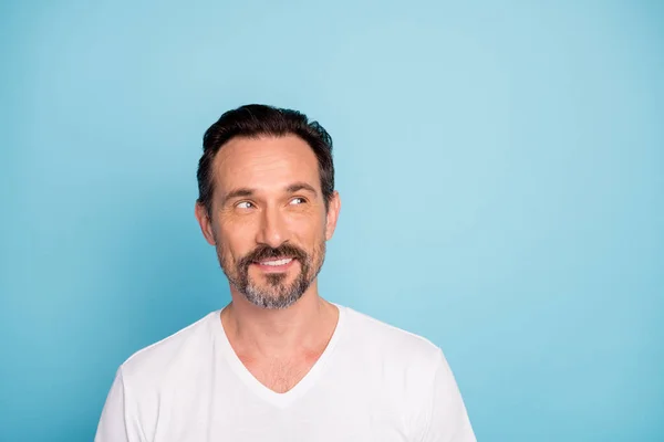 Close-up portrait of his he nice attractive curious genius cheerful dreamy guy freelancer thinking creating new idea isolated over bright vivid shine vibrant teal green blue turquoise color background — ストック写真