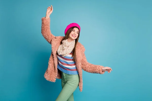 Portrait of her she nice attractive fashionable lovely cheerful cheery carefree dreamy girl dancing having fun walking isolated on bright vivid shine vibrant green blue turquoise color background — Stock Photo, Image