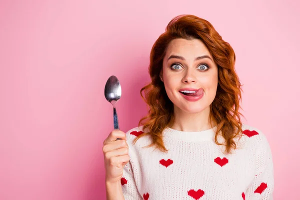 Close-up portrait of her she nice attractive lovely funky comic cheerful cheery wavy-haired girl licking lip want wish tasty yummy delicious festal meal isolated on pink pastel color background — Stock Photo, Image