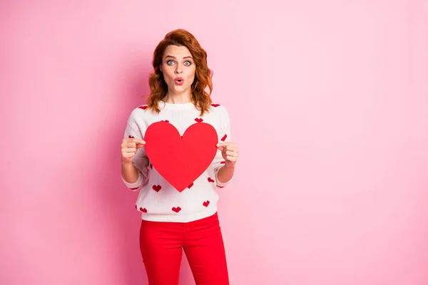 Ritratto di lei lei bella attraente bella amabile allegro stupito ragazza dai capelli ondulati indossa pullover bianco tenendo in mano grande cuore isolato su sfondo rosa pastello — Foto Stock