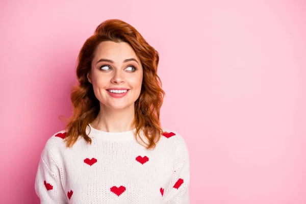 Close-up portrait of her she nice attractive cheerful cheery glad curious girlish wavy-haired girl wearing white pullover creating idea first date isolated over pink pastel color background — Stock Photo, Image