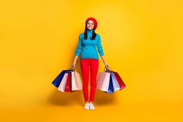 Full length body size view of her she nice attractive cheerful cheery fashionable girl having fun visiting store enjoying new season sale isolated on bright vivid shine vibrant yellow color background — 스톡 사진