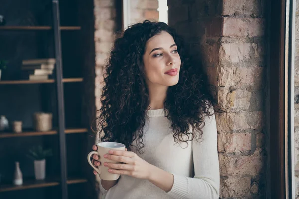 Primer plano retrato de ella ella agradable atractivo encantador soñador alegre reflexivo ondulado de pelo chica bebiendo cafeína café en el loft moderno estilo de ladrillo industrial habitación interior — Foto de Stock