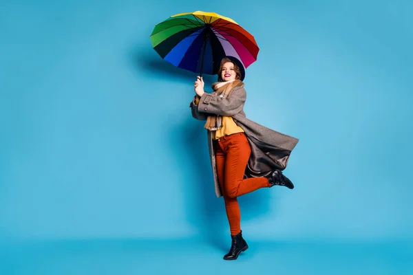 Foto de cuerpo completo de la señora viajero bastante levantando mantenga colorido parasol manos aire soplado desgaste casual abrigo largo gris jersey naranja pantalones sombrero zapatos aislados color azul fondo — Foto de Stock