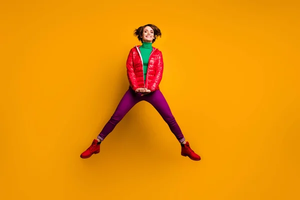 Full length photo of funky cute sweet girl jump enjoy rest relax wear good look winter clothes green turtleneck isolated over vivid color background — Stock Photo, Image
